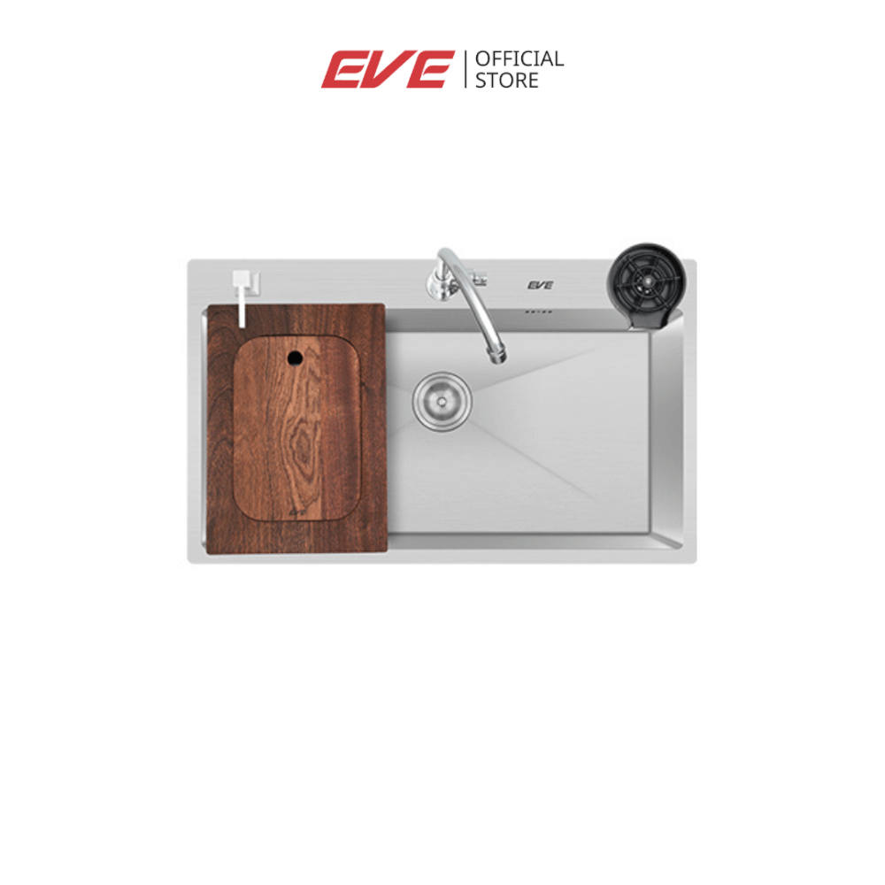 ซิงค์ล้างจาน 1 หลุม EVE KUBE 860/510 ขนาด 86 ซม. สีเงินสแตนเลสขัดลายซาติน พร้อมอุปกรณ์เสริม